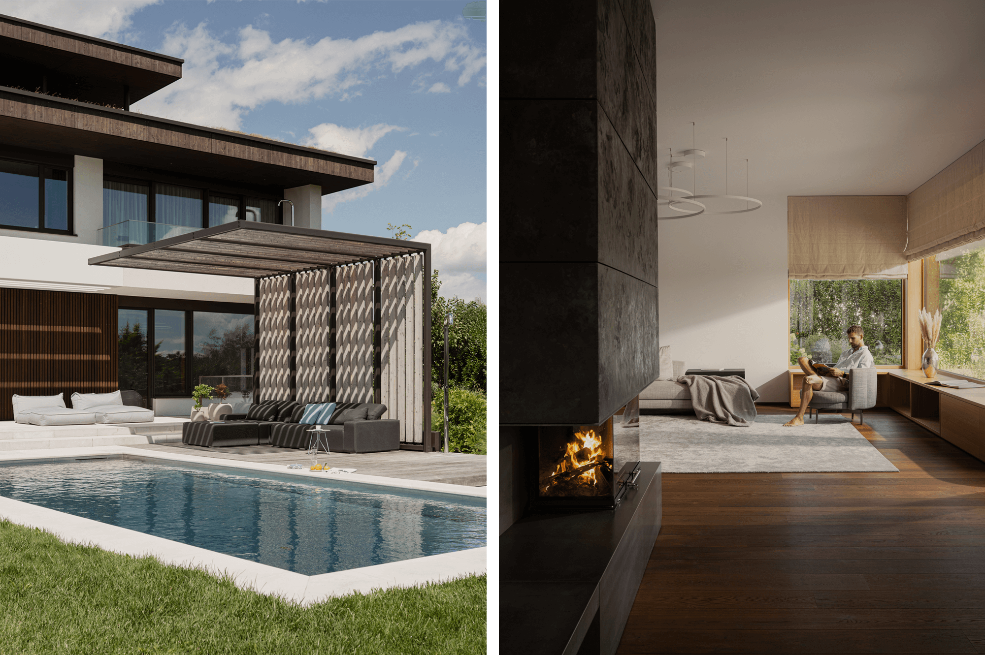 Linkes Bild: Outdoor Pool mit überdachtem Lounge Bereich im Hintergrund Rechtes Bild: Wohnbereich mit Kamin in dem ein Mann eine Zeitschrift auf einem Relaxsessel liest