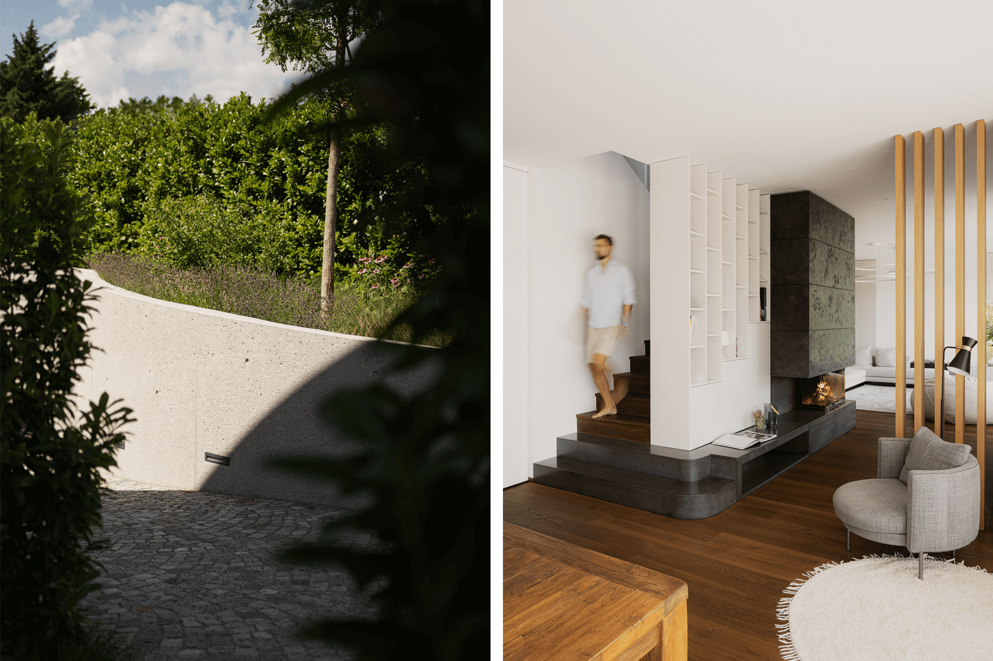 Linkes Bild: Gepflasterte Einfahrt des Hauses mit Sichtbeton Stützmauer Rechtes Bild: Wohnbereich aus einer Perspektive aus der man die Treppen sehen kann die hinter dem großen, zentralen Kamin nach oben führen und in der unteren linken Ecke ist der Esstisch zu erkennen. Auf der rechten Seite ist ein Raumtrenner aus Holzstäben, welcher Wohn- und Esszimmer optisch voneinander trennt