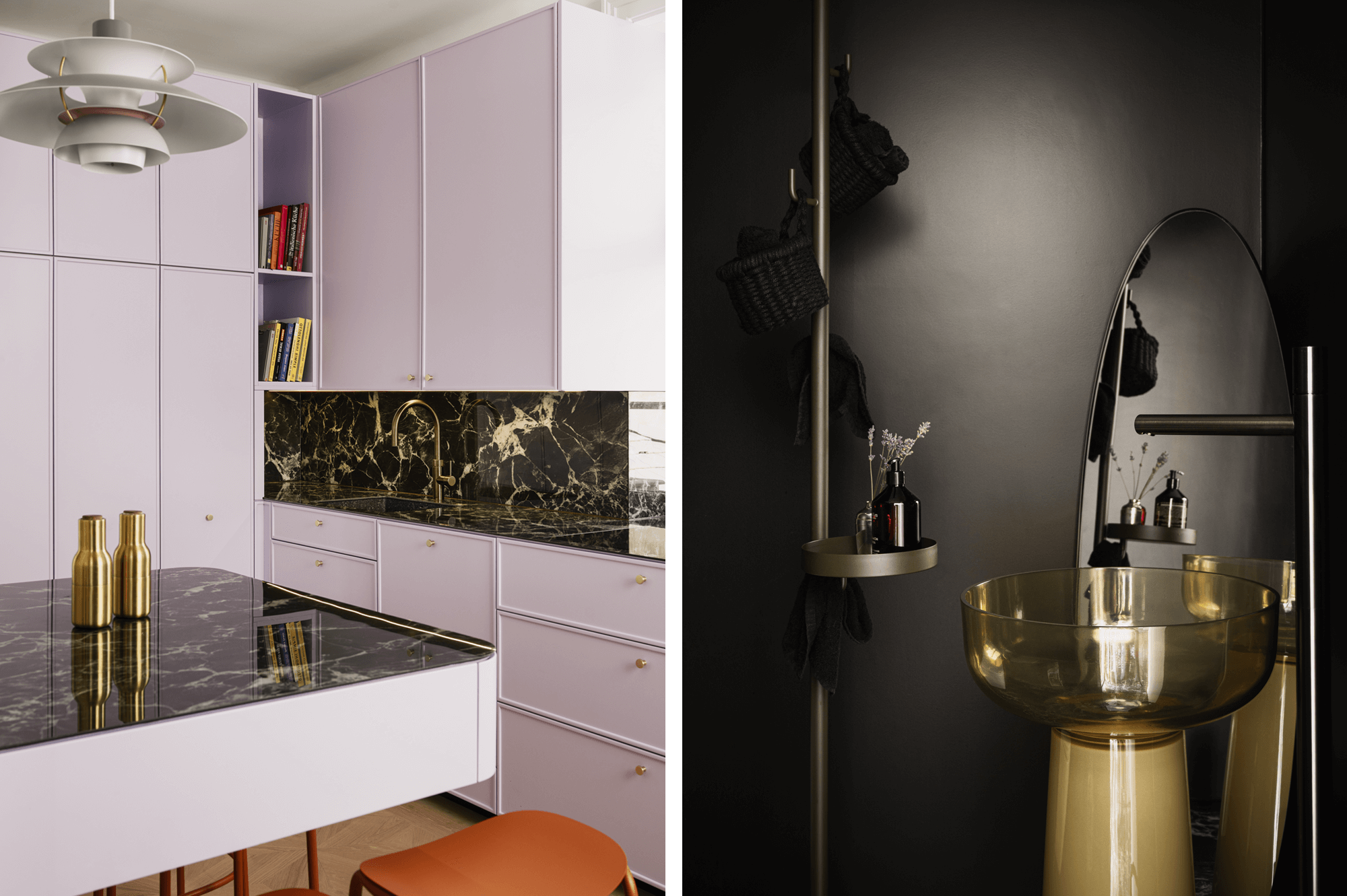 Collage: Rechts ein gläsernes, gelblich getöntes Standwaschbecken mit silberner Bodenarmatur. Dahinter steht ein großer ovaler Spiegel an der Wand. Daneben befindet sich eine deckenhohe Handtuchhalterung mit kleiner Ablage. Links die moderne Küche mit lila Schrankfronten, dunkler Marmor-Arbeitsfläche, viel Stauraum und einer kleinen Bar-Sitzgelegenheit.