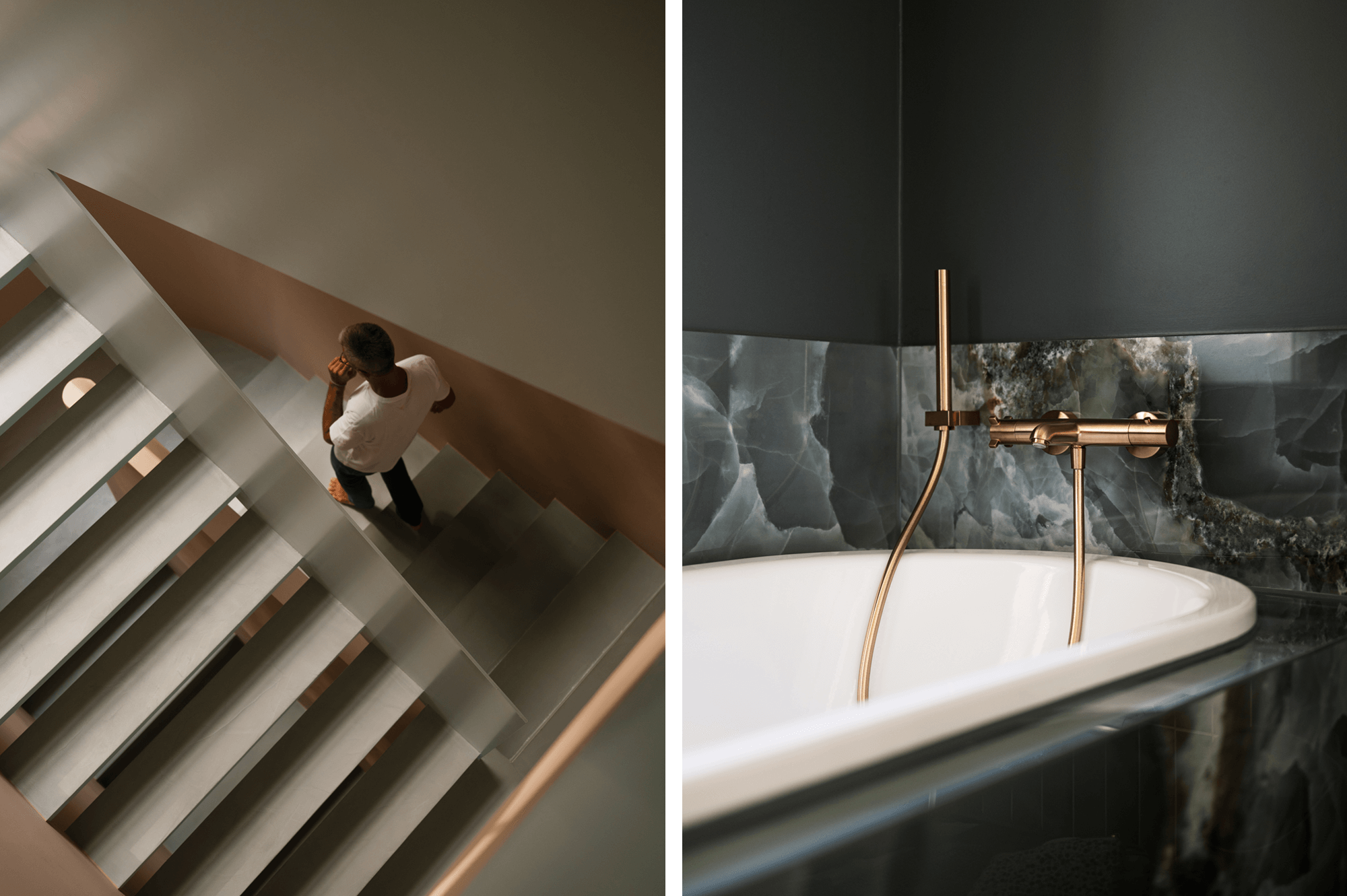 Collage: Rechts eine Nahaufnahme einer kupfernen Badewannenarmatur. Der Schlauch der Handbrause hängt in die Wanne, die außen mit Marmor verkleidet ist. Links geht ein Mann die Treppen hinunter.