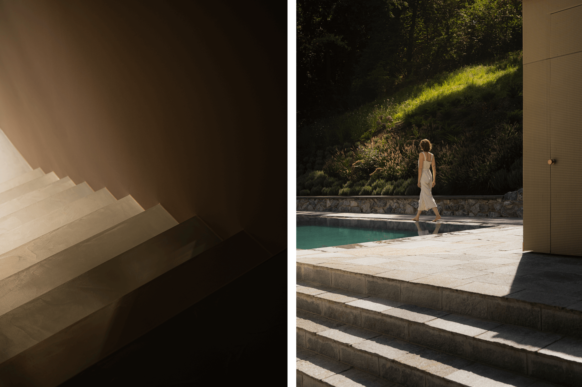 Collage: Rechts geht eine Frau neben dem Pool entlang. Links ist eine Nahaufnahme der Treppen.